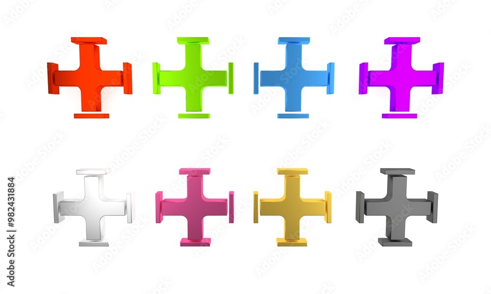 Obraz premium Colorful Industry metallic pipe icon isolated on white background. Plumbing pipeline parts of different shapes. Minimalism concept. 3D render illustration