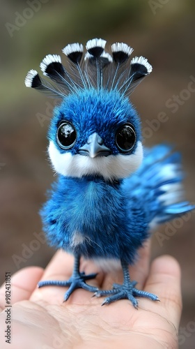 A cute and adorable baby blue peacock with long, thick, black human eyelashes stands on someone's palm with its tail spread wide. Shot using HD photography.  photo