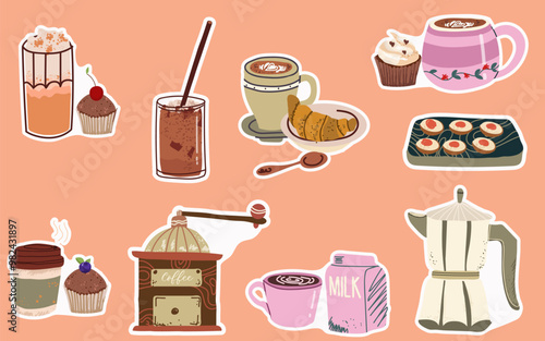 Coffee set stickers. Paper cup, cups, coffee grinder, coffee beans, dessert, coffee pot. Caffeinated drinks, espresso, cappuccino, latte, coffee pot, dessert, cupcake, milk, wooden tray with toast.
