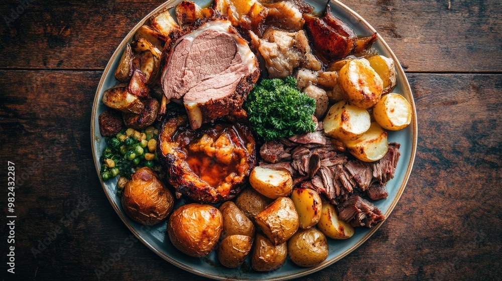 A classic British roast dinner, with roasted meat, potatoes, Yorkshire pudding, and gravy, served on a large plate. A classic British roast dinner, with roasted meat, potatoes, Yorkshire pudding, and gravy, served on a large plate.