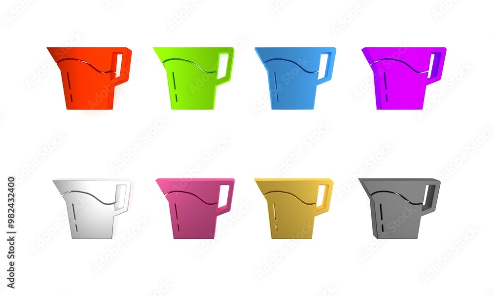 Colorful Jug glass with water icon isolated on white background. Kettle for water. Glass decanter with drinking water. Minimalism concept. 3D render illustration Colorful Jug glass with water icon isolated on white background. Kettle for water. Glass decanter with drinking water. Minimalism concept. 3D render illustration