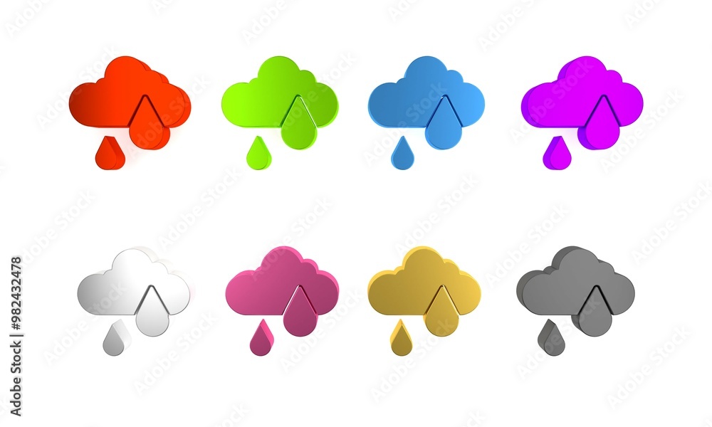 Obraz premium Colorful Cloud with rain icon isolated on white background. Rain cloud precipitation with rain drops. Minimalism concept. 3D render illustration