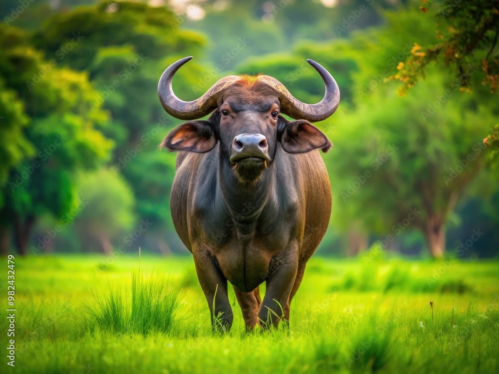 Naklejka premium A mighty Indian buffalo stands tall in a lush green field, exuding strength and majesty as it commands the surrounding landscape.