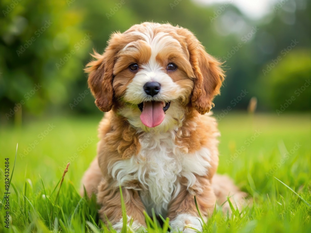 A mini cavapoo puppy with brown and white fur sits in a lush, sun-kissed grassy field, its tongue lazily lolling out of its mouth. A mini cavapoo puppy with brown and white fur sits in a lush, sun-kissed grassy field, its tongue lazily lolling out of its mouth.