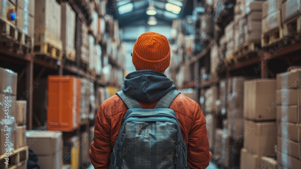 A person with an orange beanie explores a bustling warehouse filled with packed boxes and pallets during the daytime A person with an orange beanie explores a bustling warehouse filled with packed boxes and pallets during the daytime