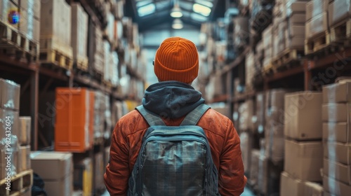 A person with an orange beanie explores a bustling warehouse filled with packed boxes and pallets during the daytime