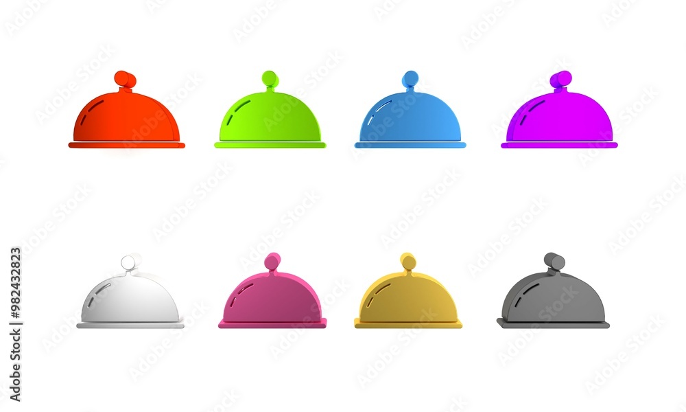 Colorful Covered with a tray of food icon isolated on white background. Tray and lid sign. Restaurant cloche with lid. Minimalism concept. 3D render illustration Colorful Covered with a tray of food icon isolated on white background. Tray and lid sign. Restaurant cloche with lid. Minimalism concept. 3D render illustration