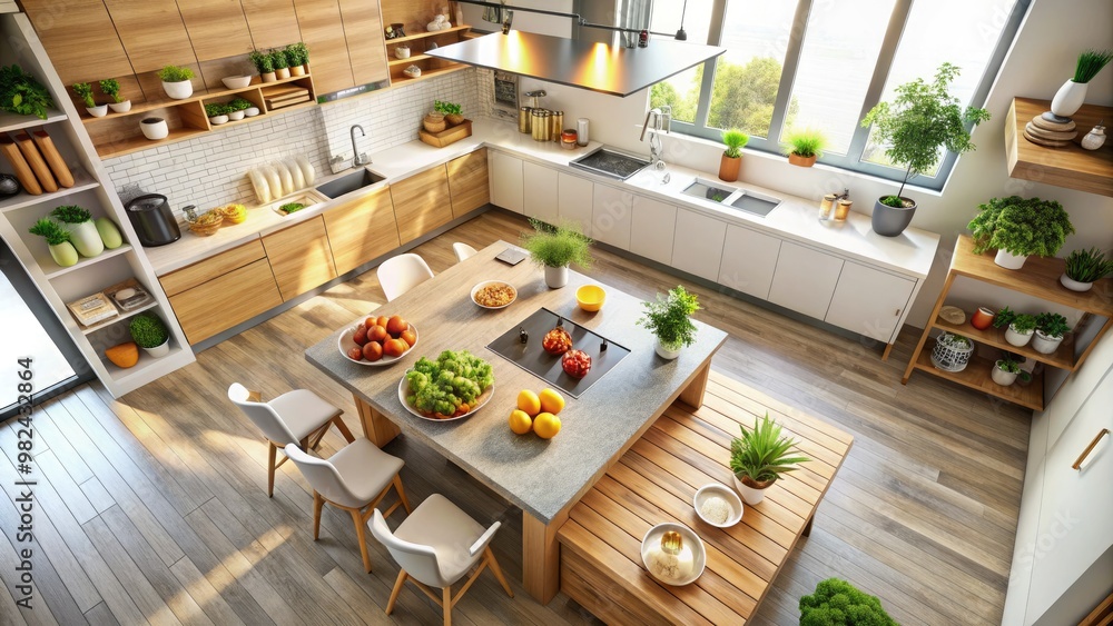 A modern kitchen with sleek appliances and ample counter space hums with activity as food preparation unfolds against a backdrop of pure sunlight. A modern kitchen with sleek appliances and ample counter space hums with activity as food preparation unfolds against a backdrop of pure sunlight.
