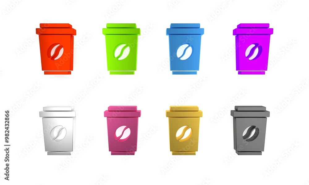 Colorful Coffee cup to go icon isolated on white background. Minimalism concept. 3D render illustration Colorful Coffee cup to go icon isolated on white background. Minimalism concept. 3D render illustration