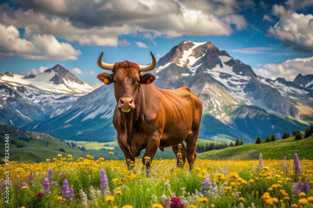 A muscular bull proudly surveys its domain, surrounded by a vibrant tapestry of wildflowers and majestic mountains soaring in the distant horizon. A muscular bull proudly surveys its domain, surrounded by a vibrant tapestry of wildflowers and majestic mountains soaring in the distant horizon.