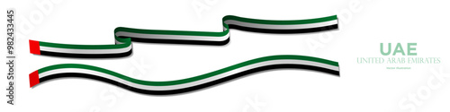 3d United Arab Emirates Flag Ribbons with shadows, isolated on white background. Official UAE Flags curled and rendered in perspective. Graphic Resource. Editable Vector Illustration. 