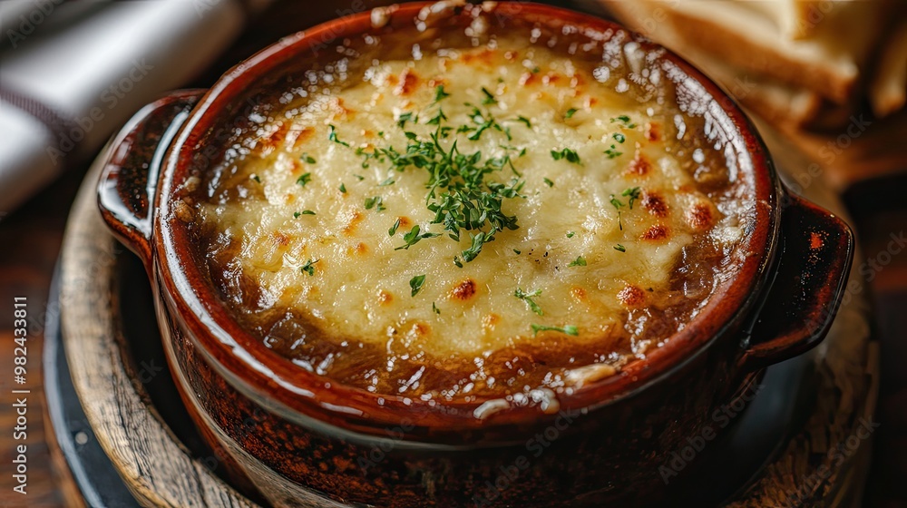 A classic French onion soup, with a cheesy, crispy top and rich broth beneath, served in a traditional bowl. A classic French onion soup, with a cheesy, crispy top and rich broth beneath, served in a traditional bowl.