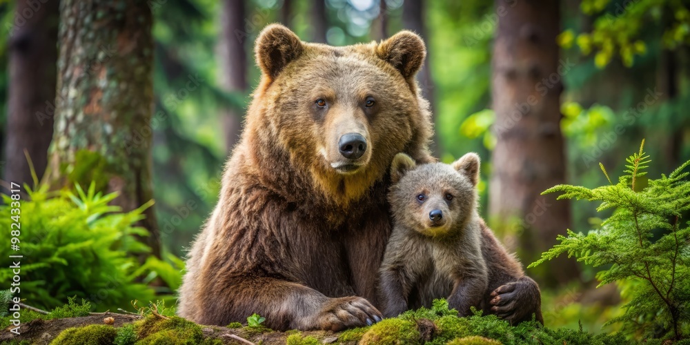 A loving mother bear cuddles her precious cub in a secluded woodland clearing, exuding a sense of quiet A loving mother bear cuddles her precious cub in a secluded woodland clearing, exuding a sense of quiet