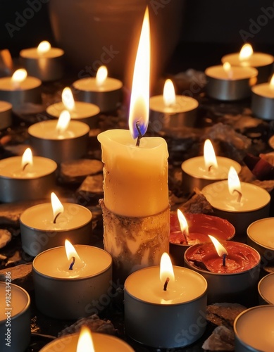 A detailed close-up of several lit candles, centered around a large pillar candle, creating a warm and peaceful ambiance. The soft glow of the flames adds a calming and serene mood, perfect for