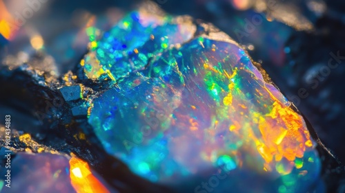 Close-up of an opal stone with bright, iridescent colors in a polished surface. photo