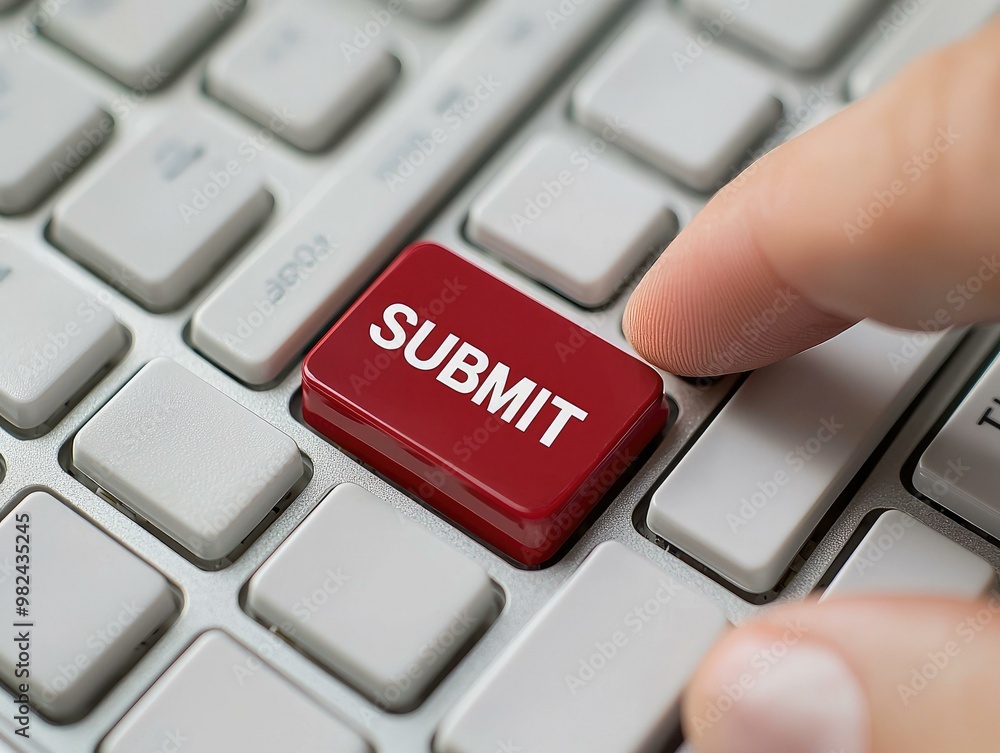 3D rendering of a keyboard featuring a prominent red SUBMIT button among white keys, symbolizing urgency and importance, with a finger poised to touch it. 3D rendering of a keyboard featuring a prominent red SUBMIT button among white keys, symbolizing urgency and importance, with a finger poised to touch it.