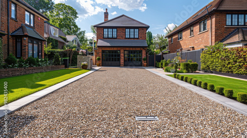 A terrace uk house on a street with a brand new gravel driveway facing head on towards directly in front of the driveway.