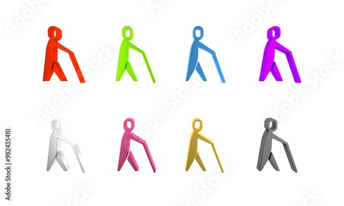 Colorful Blind human holding stick icon isolated on white background. Disabled human with blindness. Minimalism concept. 3D render illustration