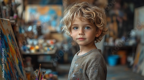 A young boy artist with paint splattered clothes stands in front of an easel with a paintbrush in hand, in an art studio.