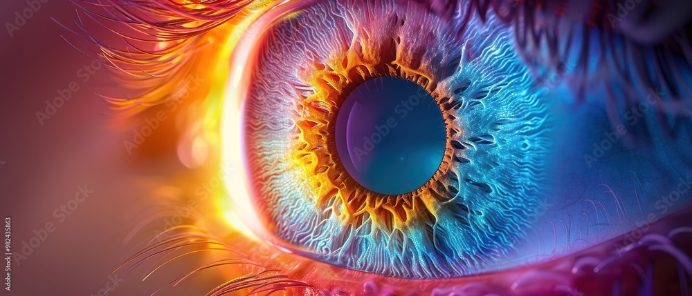A detailed view of a multicolored iris with futuristic light effects and vibrant details. A detailed view of a multicolored iris with futuristic light effects and vibrant details.