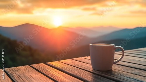 Hot coffee cup on a wooden deck, with mountains and a vibrant sunrise casting warm light across the scene.