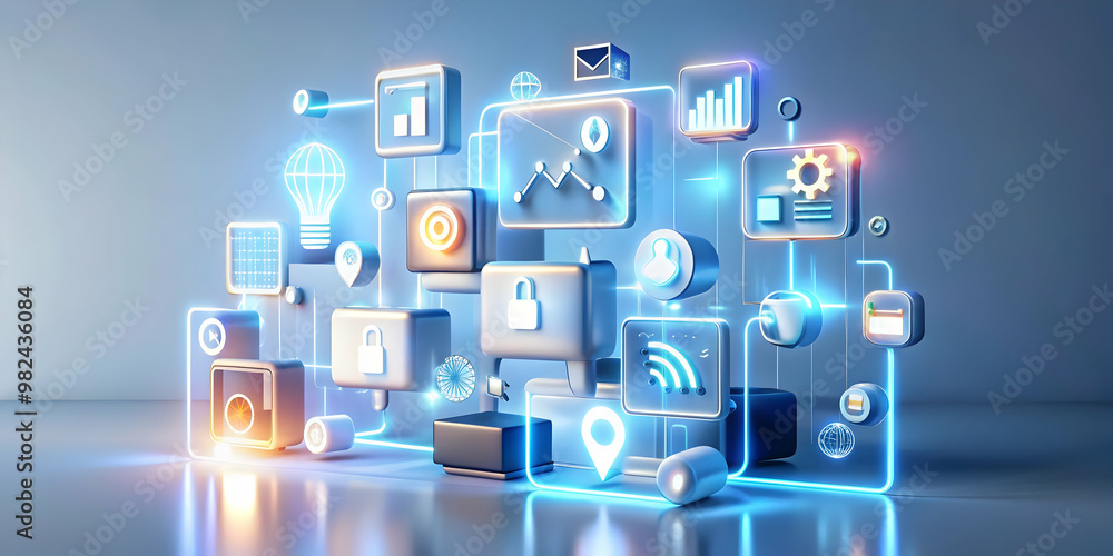 3D Glowing Business Abstract with Floating Icons � Dynamic Digital Art Design for Marketing, Promotions, and Advertisements on White Background 3D Glowing Business Abstract with Floating Icons � Dynamic Digital Art Design for Marketing, Promotions, and Advertisements on White Background