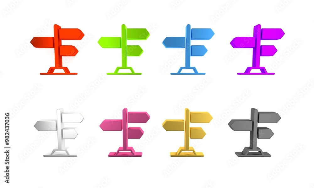 Obraz premium Colorful Road traffic sign. Signpost icon isolated on white background. Pointer symbol. Street information sign. Direction sign. Minimalism concept. 3D render illustration