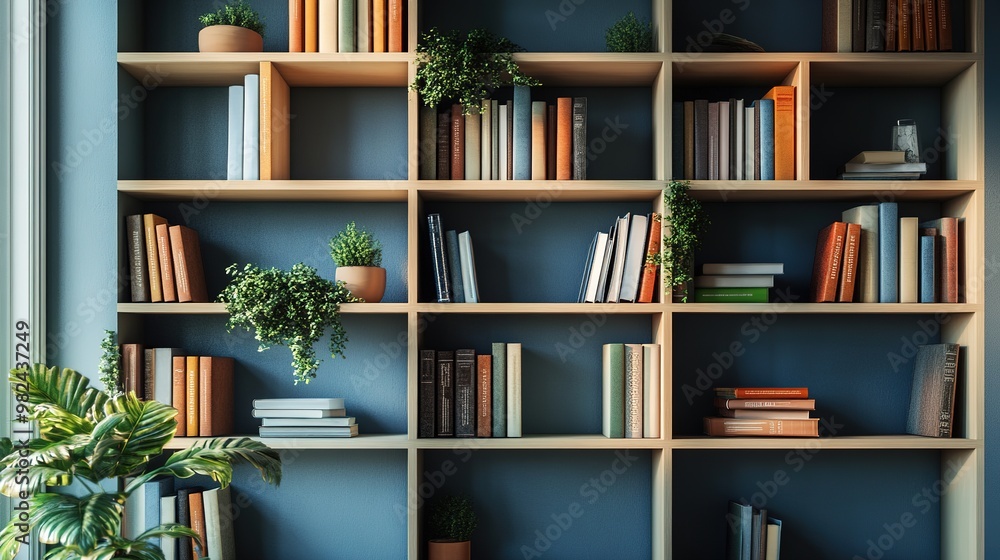 Modern bookshelf with neatly arranged books and stylish accents Modern bookshelf with neatly arranged books and stylish accents