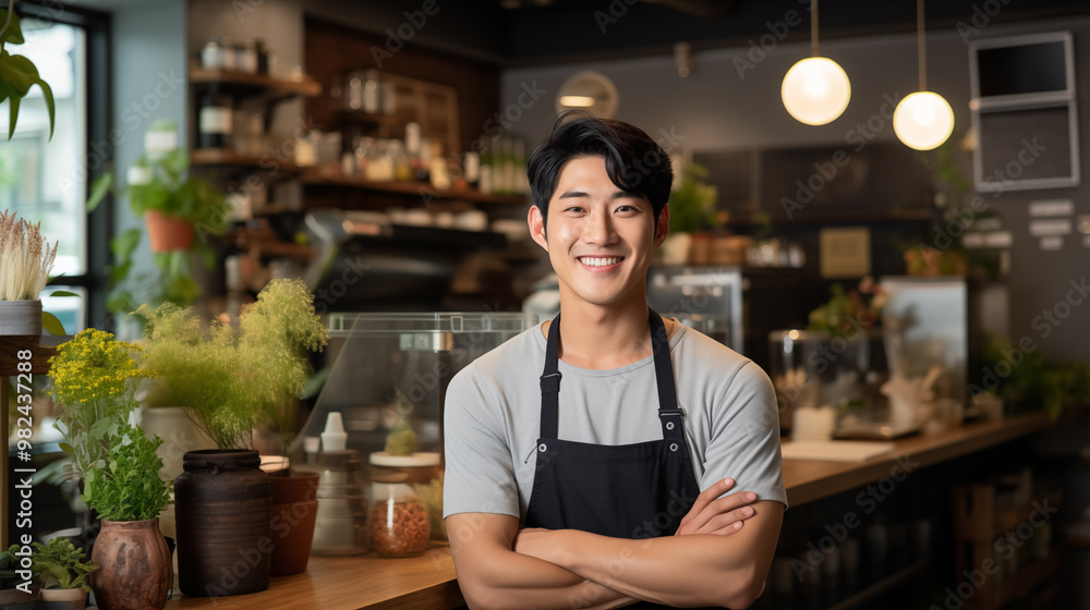 Fototapeta premium A young male asian cafe owner stand in front of counter
