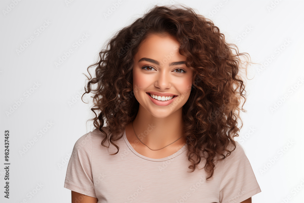 Portrait of a beautiful young woman smiling and looking at camera isolated on a white background Portrait of a beautiful young woman smiling and looking at camera isolated on a white background
