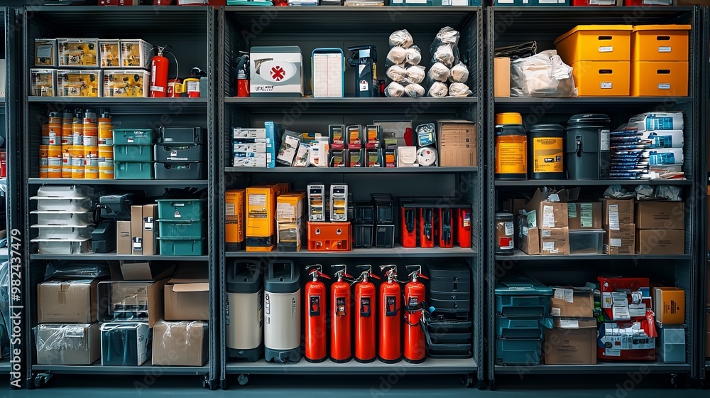 Shelves filled with fire safety and first aid equipment in an industrial storage setting Shelves filled with fire safety and first aid equipment in an industrial storage setting