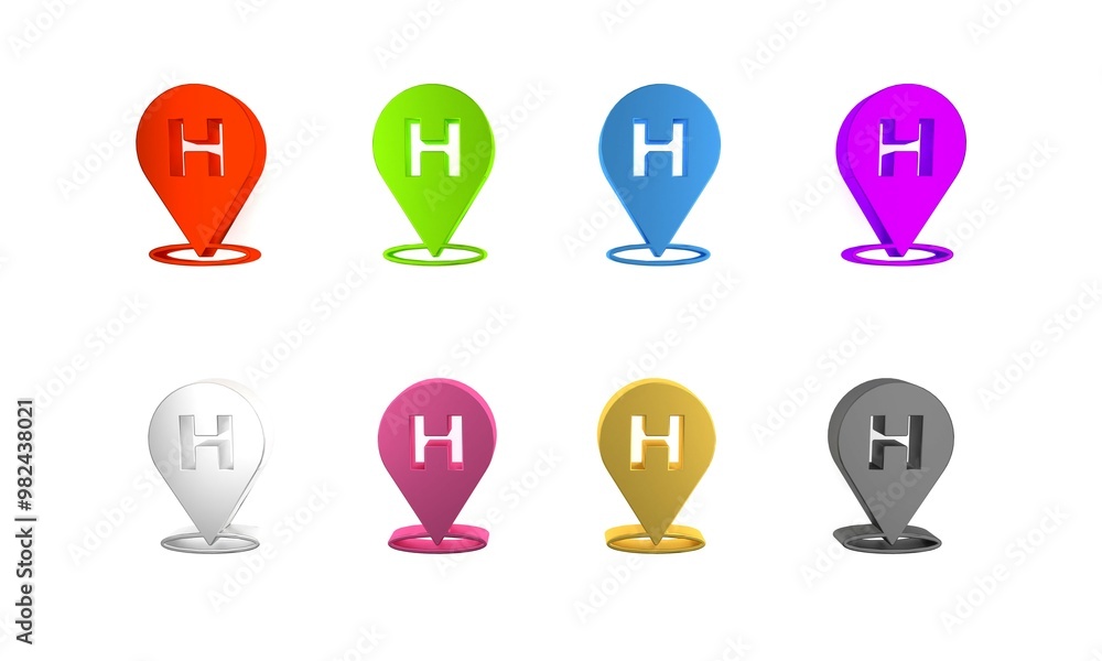 Colorful Medical map pointer with cross hospital icon isolated on white background. Minimalism concept. 3D render illustration Colorful Medical map pointer with cross hospital icon isolated on white background. Minimalism concept. 3D render illustration