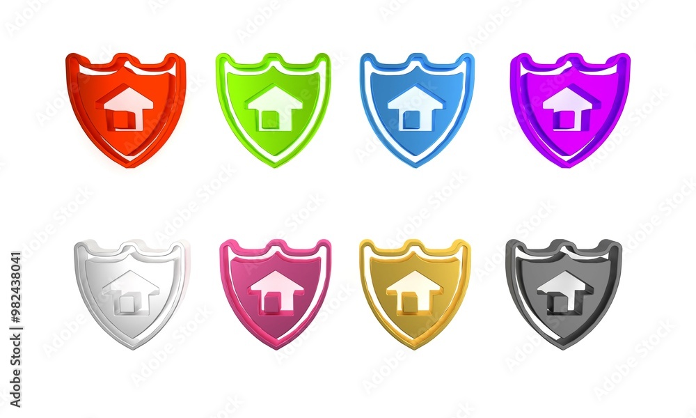 Colorful House with shield icon isolated on white background. Insurance concept. Security, safety, protection, protect concept. Minimalism concept. 3D render illustration Colorful House with shield icon isolated on white background. Insurance concept. Security, safety, protection, protect concept. Minimalism concept. 3D render illustration