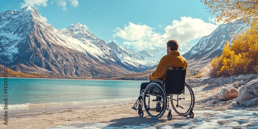 Fototapeta premium A person in a wheelchair enjoys a peaceful lakeside view. The scene captures the beauty of nature with mountains and clear skies. A perfect place for reflection and inspiration. AI