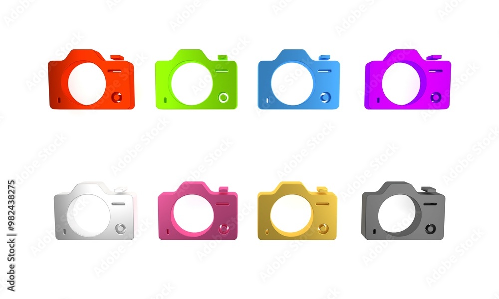 Colorful Photo camera icon isolated on white background. Foto camera. Digital photography. Minimalism concept. 3D render illustration Colorful Photo camera icon isolated on white background. Foto camera. Digital photography. Minimalism concept. 3D render illustration