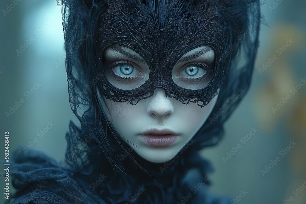 haunting halloween portrait eerie closeup of a woman with intense eyes and pale skin wearing intricate black rabbit mask and dark gothic attire set against a misty moonlit forest backdrop haunting halloween portrait eerie closeup of a woman with intense eyes and pale skin wearing intricate black rabbit mask and dark gothic attire set against a misty moonlit forest backdrop
