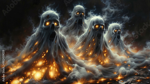 Four terrifying ghostly figures with glowing eyes and fiery, molten bodies emerge from swirling mist and darkness, creating a nightmarish and supernatural scene photo