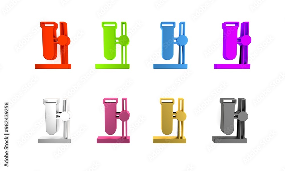 Colorful Glass test tube flask on stand icon isolated on white background. Laboratory equipment. Minimalism concept. 3D render illustration Colorful Glass test tube flask on stand icon isolated on white background. Laboratory equipment. Minimalism concept. 3D render illustration