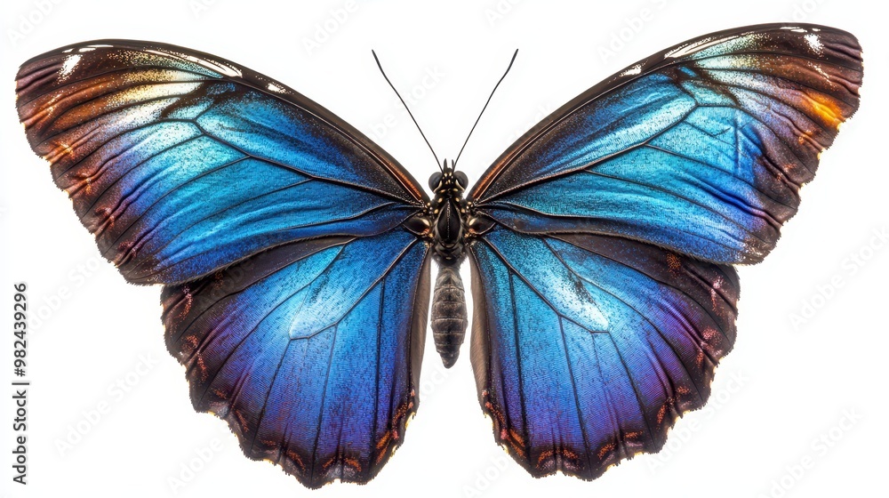 Fototapeta premium Colorful image of a blue morpho butterfly with wings fully spread, delicate veins visible, against a white background
