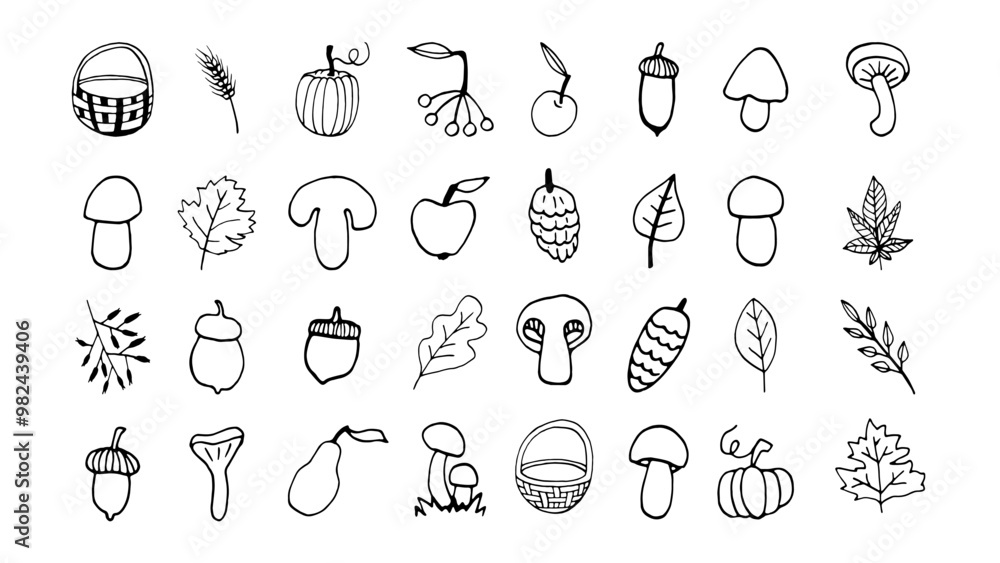 Hand drawn fall set with acorn, leaves, mushrooms, pumpkins doodle. Illustration for seasonal design Hand drawn fall set with acorn, leaves, mushrooms, pumpkins doodle. Illustration for seasonal design
