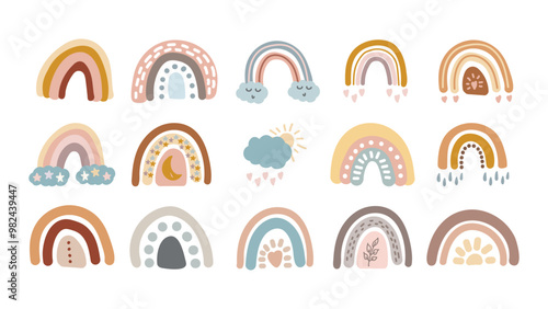 Cute rainbows clipart. Illustration for decoration kids playroom or greeting card. Hand drawn doodle