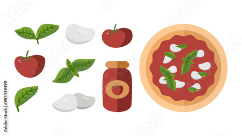 Margarita pizza in flat style. Basil, tomato sauce, mozzarella. Top view Neapolitan pizza.