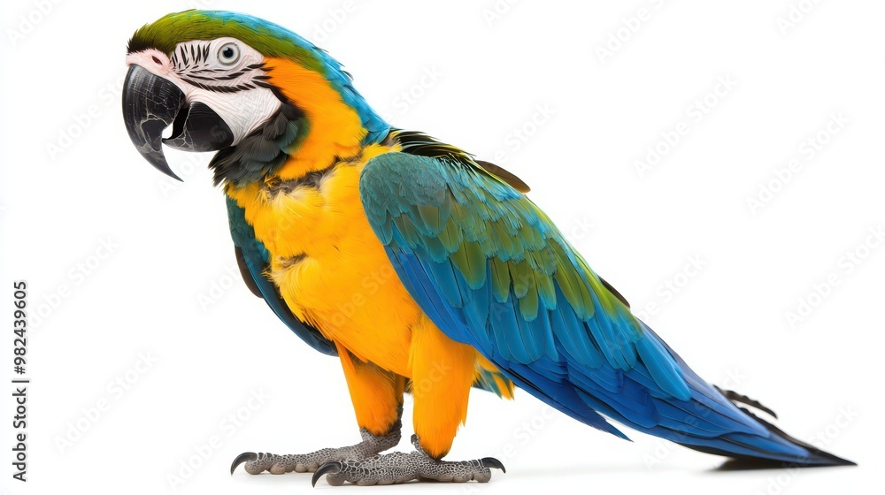 Fototapeta premium Colorful macaw parrot perched with vibrant feathers, blue and yellow, against a stark white background