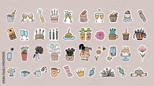 Celebration friendship color sticker set. Party doodle clipart with birthday cake, drinks and flower