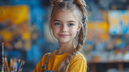 A young girl with blonde hair and blue eyes smiles at the camera while standing in an art studio.