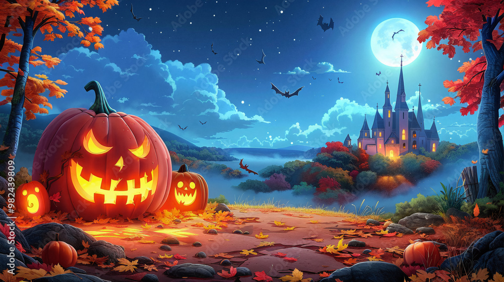 Glowing jack-o'-lanterns on a hill overlooking a spooky castle under a bright full moon, surrounded by vibrant autumn trees and flying bats in a magical Halloween night scene Glowing jack-o'-lanterns on a hill overlooking a spooky castle under a bright full moon, surrounded by vibrant autumn trees and flying bats in a magical Halloween night scene