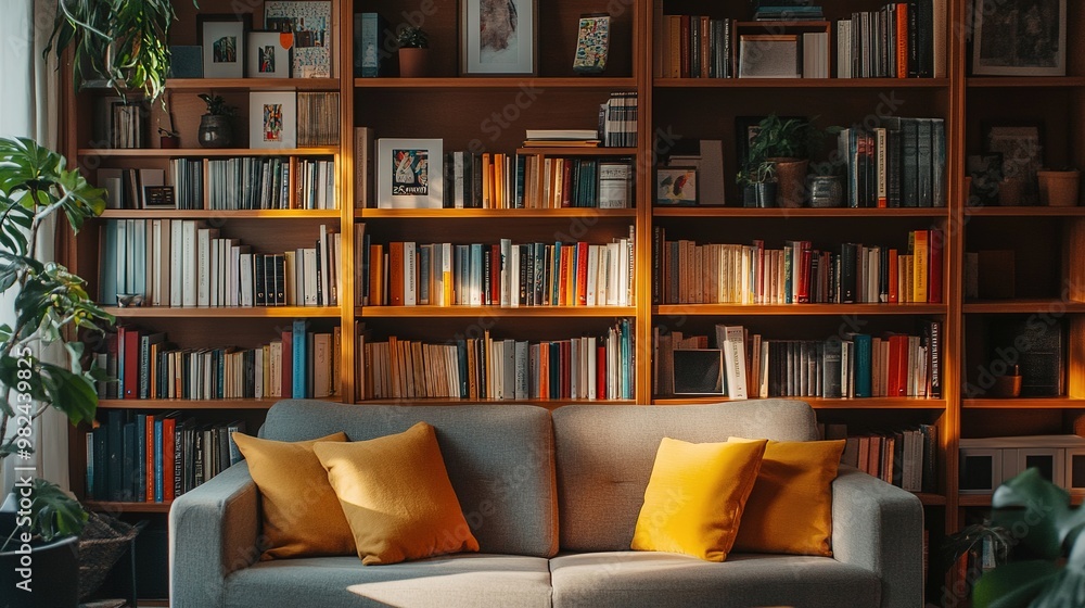 Modern bookshelf with neatly arranged books and stylish accents Modern bookshelf with neatly arranged books and stylish accents
