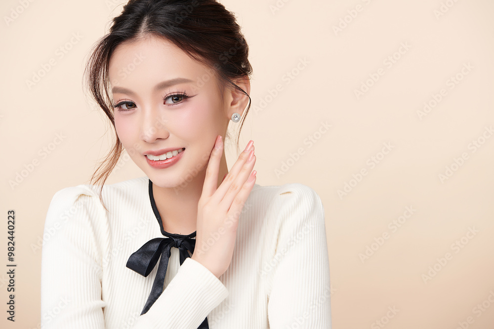 Beautiful young asian woman with clean fresh skin on beige background, Face care, Facial treatment, Cosmetology, beauty and spa, Asian women portrait. Beautiful young asian woman with clean fresh skin on beige background, Face care, Facial treatment, Cosmetology, beauty and spa, Asian women portrait.