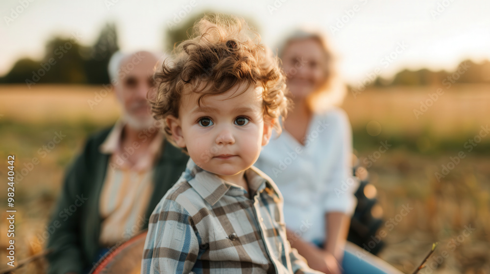 Child joyfully seated on a tractor, surrounded by proud grandparents, embodying family pride and connection, ideal for promotional text space and agricultural themes Child joyfully seated on a tractor, surrounded by proud grandparents, embodying family pride and connection, ideal for promotional text space and agricultural themes