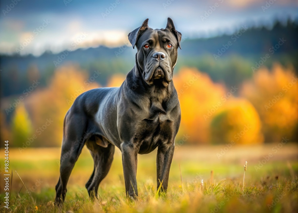 A sleek black Cane Corso dog stands proudly in a sun-kissed field, its muscular build accentuated as the blurred landscape recedes into the background. A sleek black Cane Corso dog stands proudly in a sun-kissed field, its muscular build accentuated as the blurred landscape recedes into the background.
